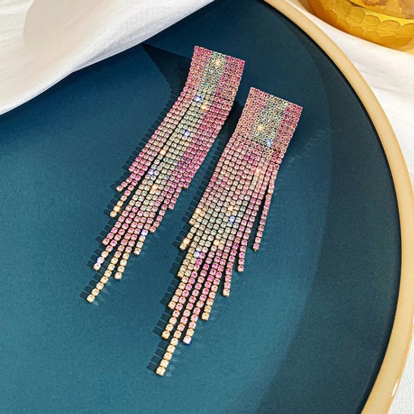 Jewelry - Pink Blue Rhinestone Long Drop Earrings